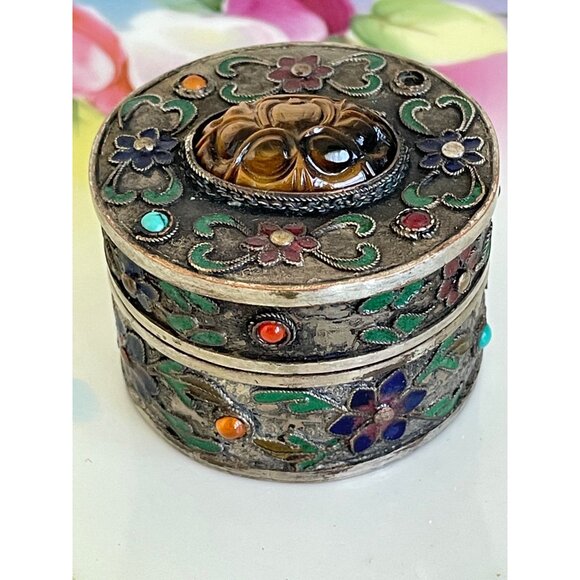 Antique Chinese Trinket Box Enamel Flowers Carved Tigers Eye Flower - Picture 14 of 14